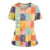 Women's Loose Short Sleeved Fashionable Square Printing V-neck Buttonable Side Slit Top T-shirt