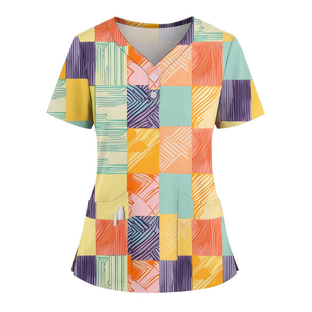 Women's Loose Short Sleeved Fashionable Square Printing V-neck Buttonable Side Slit Top T-shirt