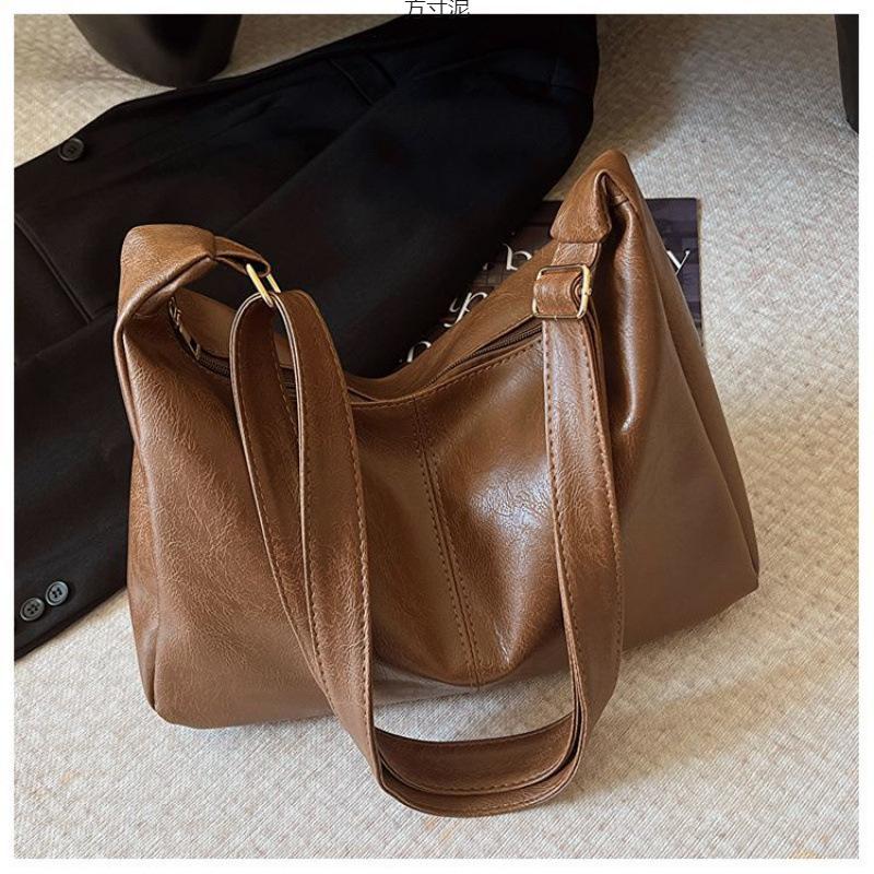 PU Leather Commuter Fashi Vintage Casual Tote Bag Maillard Stylish Crossbody Bags for Women Texture Large Capacity Temperament