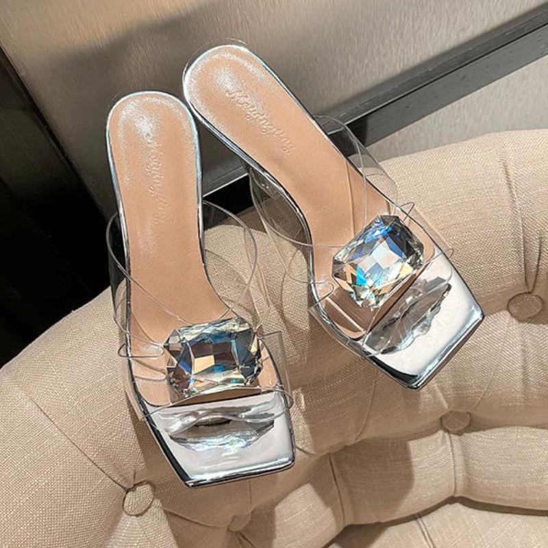 Fashion Crystal Women High Heels Slippers Square Toe Heeled Sandals Luxury Chunky Sexy Shoes Designer 2025 Dress Party Summer New Pumps