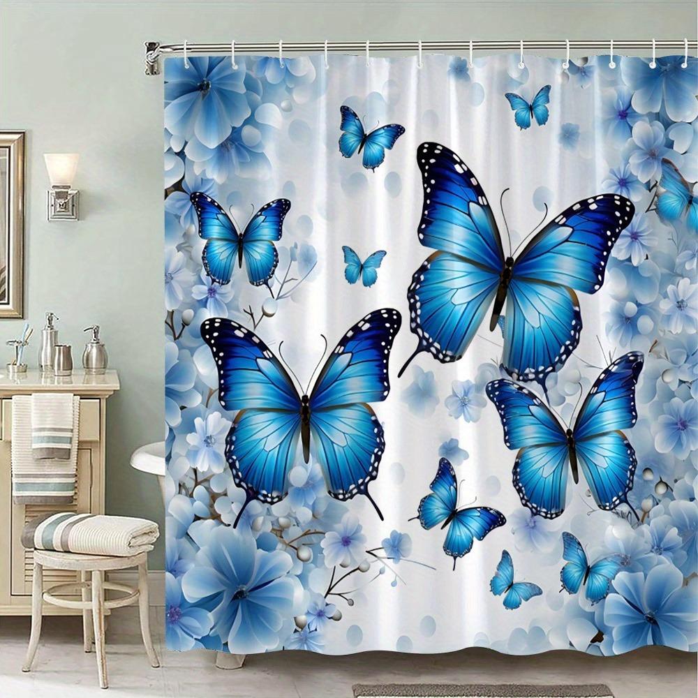 

Bright Blue Butterflies And Flowers Shower Curtain Washable Dirt-Resistant Shower Head Waterproof Polyester Bath Curtain W60H190(CM)-1 Pcs