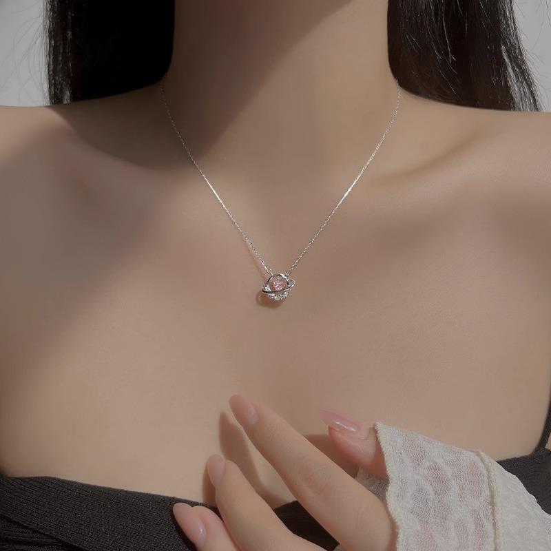 Love Pink Diamond Necklace Jewelry Women's Light Luxury Sweet Temperament Girl Surrounding Heart Zircon Stainless Steel Clavicle Chain