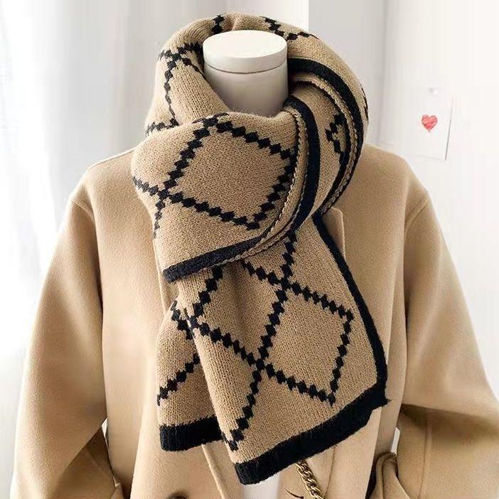 Cute Soft Girl Women's Plaid Scarf Autumn Winter Korean Style Versatile Thickened Warm Knitted Wool Neck Warmer
