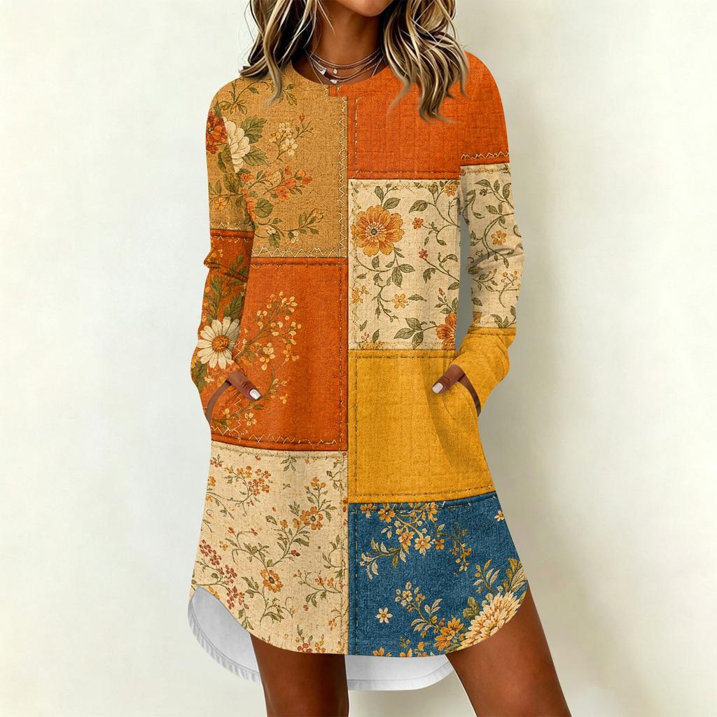Women's Casual Floral Print Long Sleeve Round Neck Dress