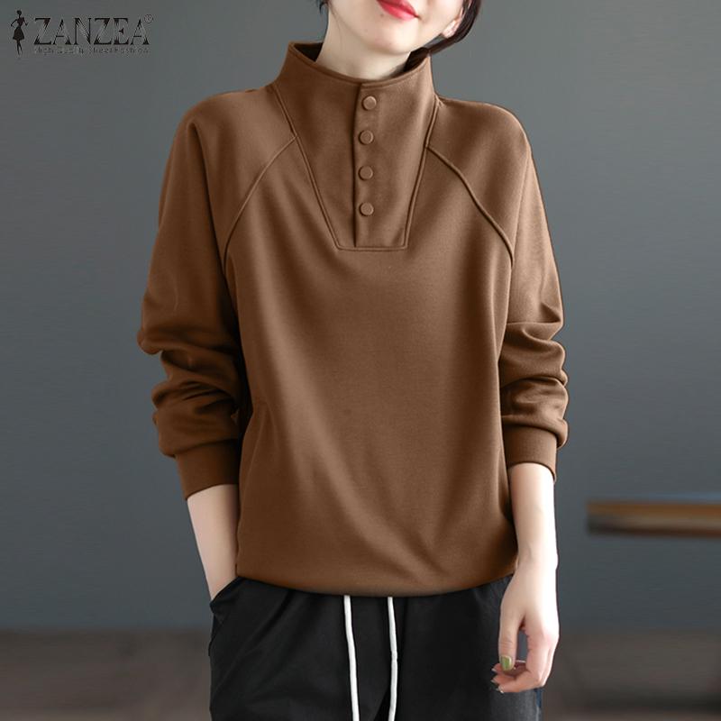 

ZANZEA Женская повседневная пуловерная блузка с длинным рукавом и воротником-стойкой