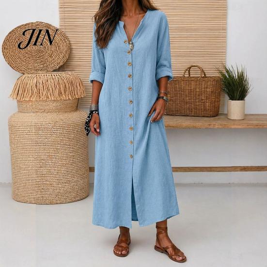 Casual Jurk voor Dames Zomerse Knopen Lange Jurk, Losse V-hals Tunique voor Dagelijks Gebruik Opgerolde Mouwen Vakantie Loungewear Middellang