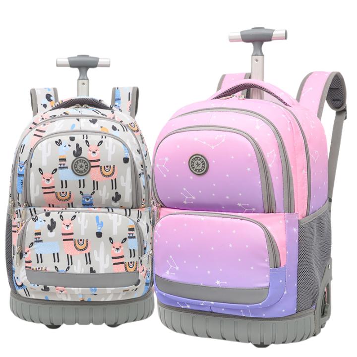 Schüler tragen und ziehen Mehrzweck-Trolley-Schultaschen mit Rädern, mit denen sie Treppen steigen können