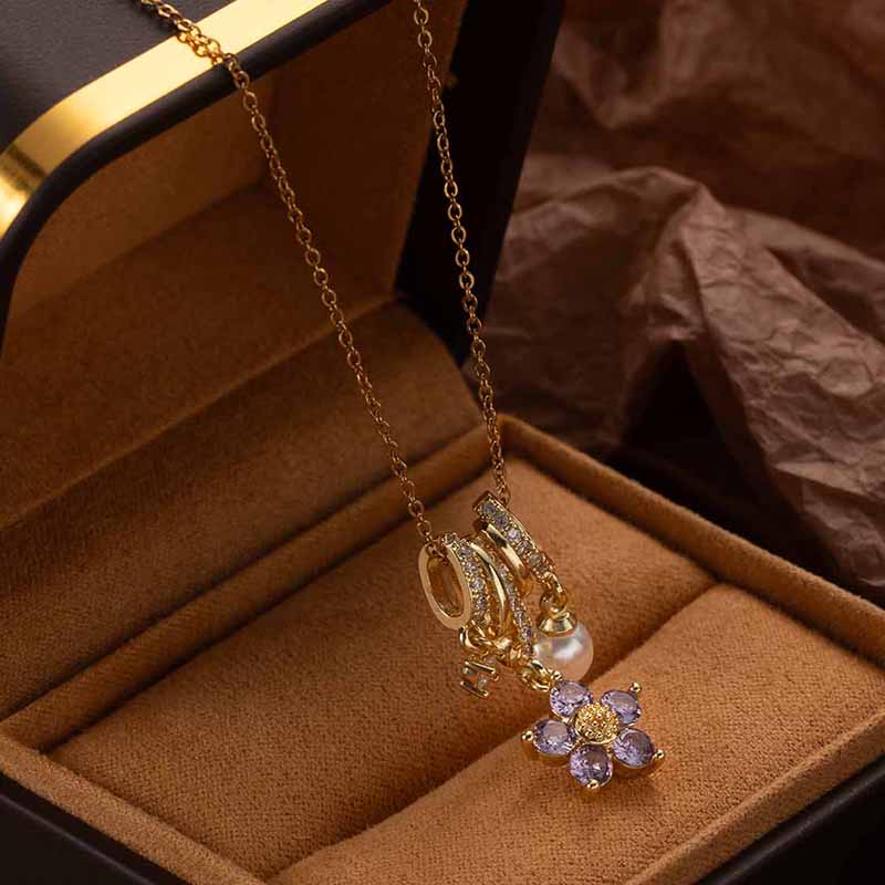 Stainless Steel Colorful Flower Zircon Pearl Pendant Necklace For Women Simple Elegant Korean Jewelry Wholesale