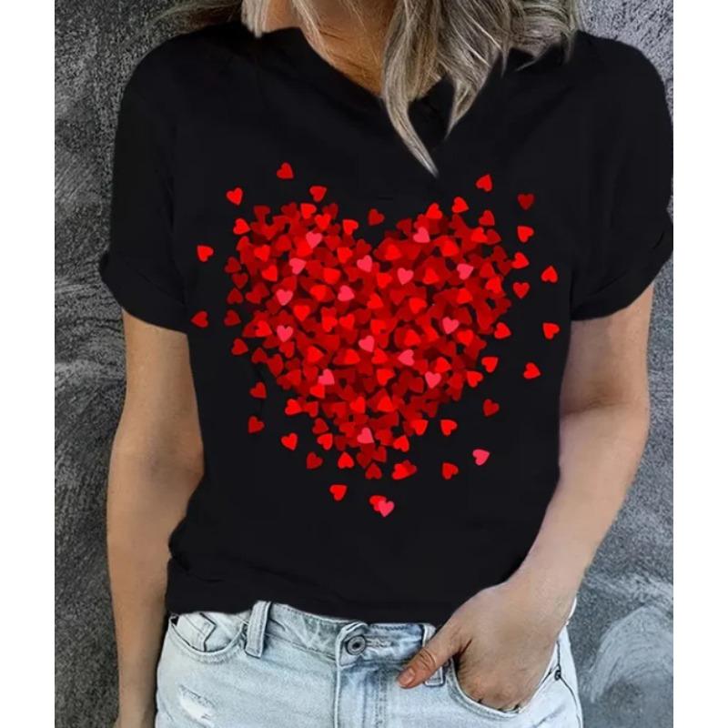 European Size Heart Print T-shirt, Short Sleeve Crew Neck Casual Top For Summer & Spring, Women's Clothing