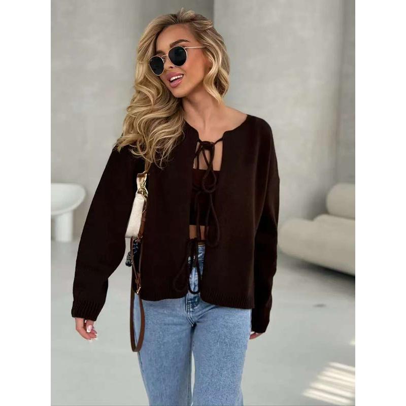 Women Solid Knit Sweater Cardigan Full Sleeve Lace Up Thick Jumper Casual Elegant Coat Sweaters Regular Autumn
