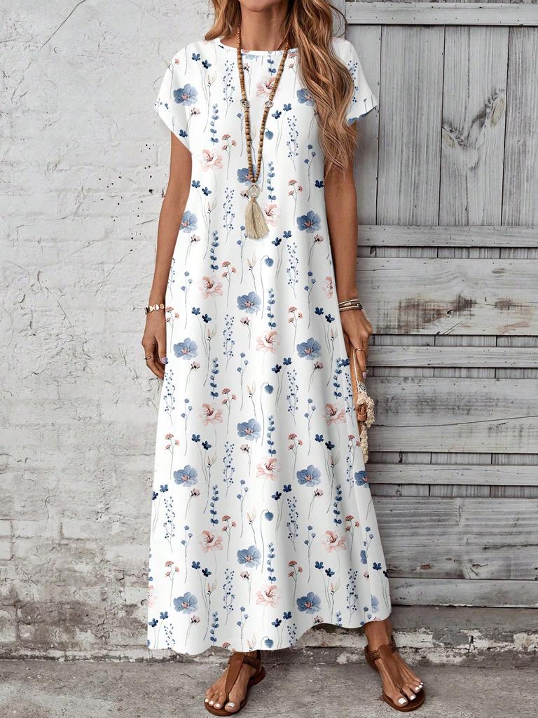 Casual Versatile Patterned Summer Dress For Women,Casual Women's Dresses Short Sleeve Modest Bohemian Maxi Floral Print