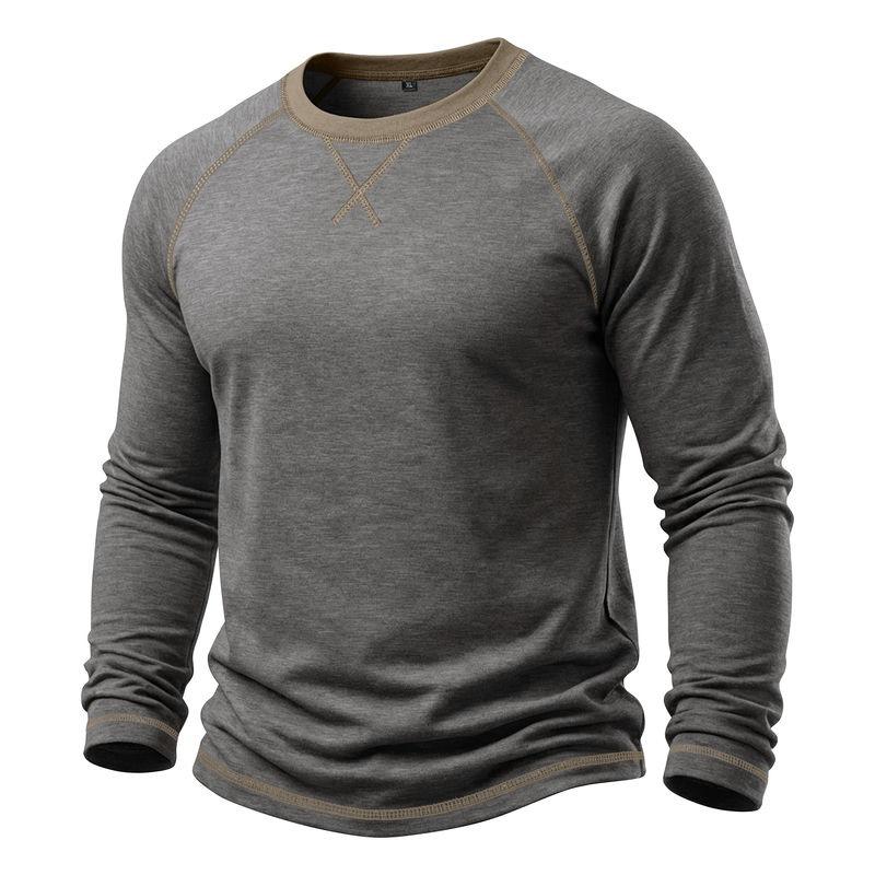 Mens Long Sleeve Round Neck Basic Color Block T Shirt