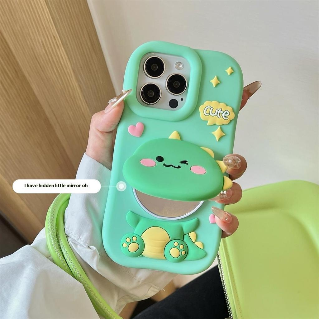 For iPhone 16 Pro Max Silicone Case Cute Dinosaur Mirror Design Shockproof Phone Back Cover
