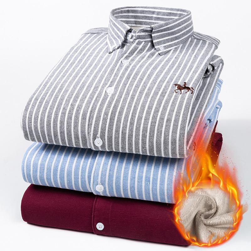 Cotton Oxford Warm Shirts Solid Long Sleeve Winter Business Casual Clothes Logo  2Layer