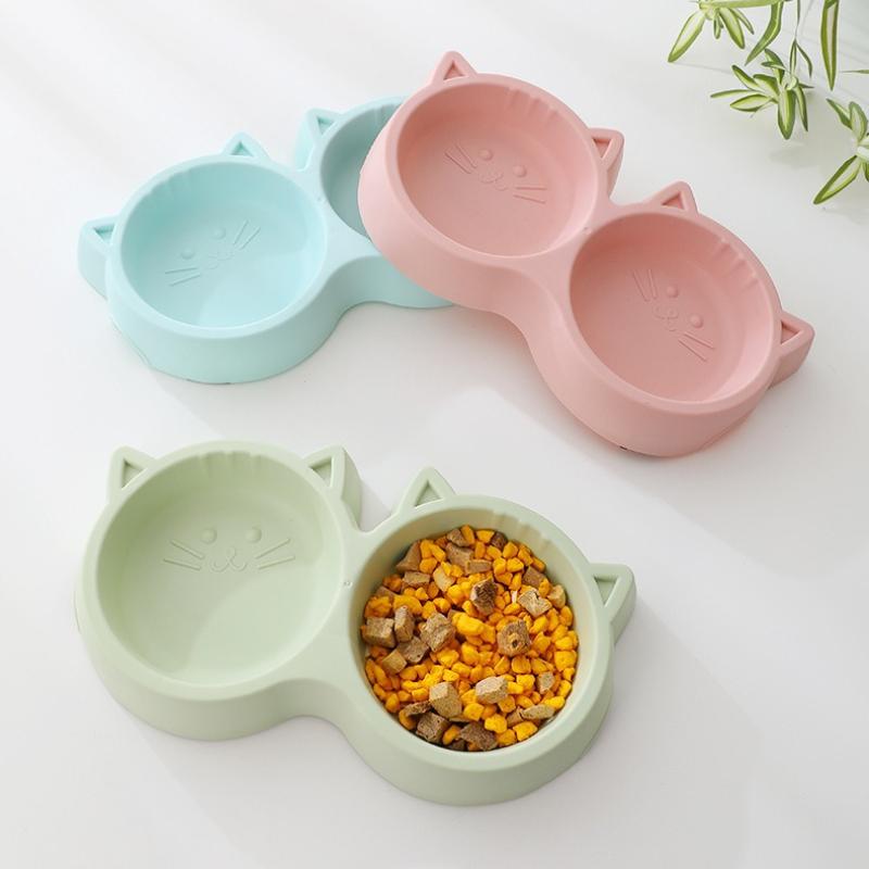 Cartoon Cat Head Shaped Pet Double Bowl Dual Use Bowl for Drinking Water and Cat Food Feeder Dry Wet Separation Anti Slip and Anti Rollover Tableware