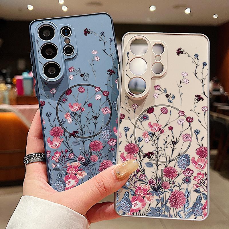 Retro Hot Pink Flower Pattern Case For Samsung Galaxy S26 Ultra S25 Edge S24 Plus S23 FE S22 A54 A55 A56 5G Magnetic For Magsafe Matte Cover