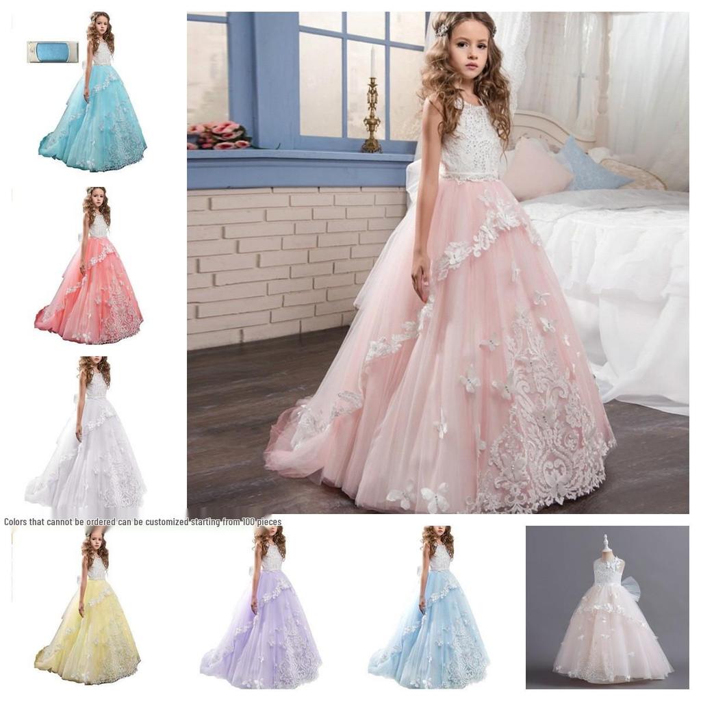 2026 Spring Pink Flower Girl Wedding Dress - Color Block Train, Children's Formal Wear, Cross-border Hot Selling Princess Dress