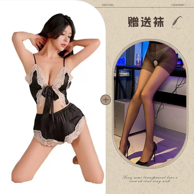 Sexy bow lace-up split two-piece sex suit women's deep V lace seduction sex pajamas