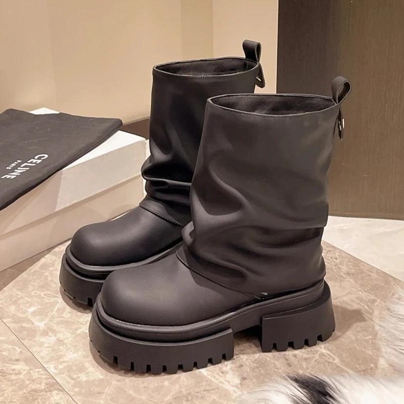 Winter Punk Style Pleated Women Knee High Boots Fashion Platform Height Increase Long Booties Zapatos De Mujer