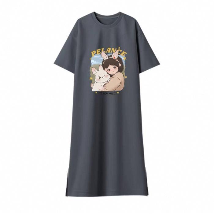 

Новое летнее платье с короткими рукавами, платье-футболка в корейском стиле, свободного кроя, свободного размера, выше колена 4XL темно-серого