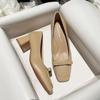 French Apricot Thick Heel Square Head Light Mouth High Heels 2025 Spring New Temperament Soft Leather Medium Heel Professional Single Shoes Women