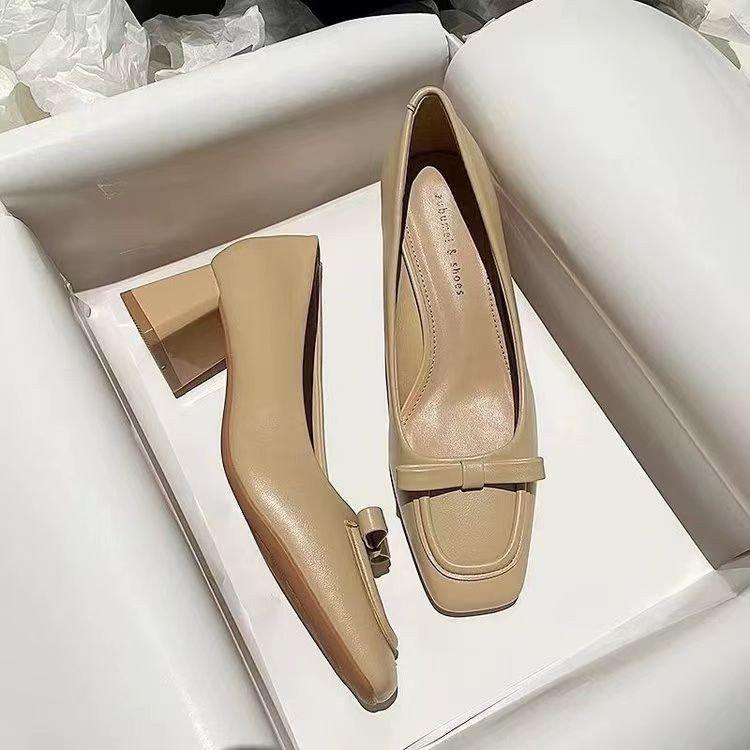 French Apricot Thick Heel Square Head Light Mouth High Heels 2025 Spring New Temperament Soft Leather Medium Heel Professional Single Shoes Women