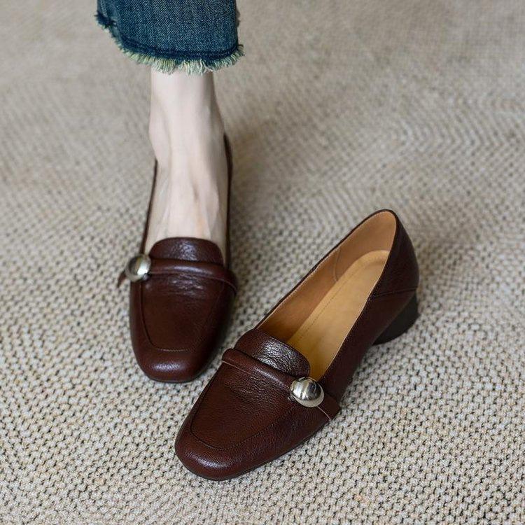 Thick Heel Soft Sole Small Leather Shoes Autumn Retro Women's Shallow Mouth Single Shoes New Versatile Soft Leather Doudou Shoes