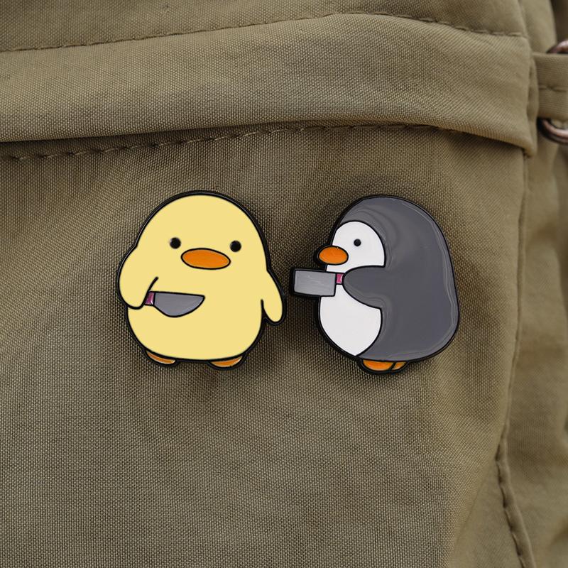 Cutie Killer Enamel Pins Chick Little Penguin Dagger Knife Brooches Lapel Badges Cartoon Fun Animal Jewelry Gift for Kids Friend
