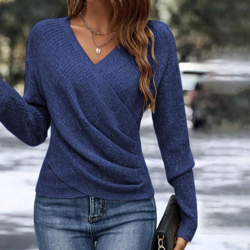 V Neck Long Sleeve Pullover Loose Fit Solid Color Knit Sweater