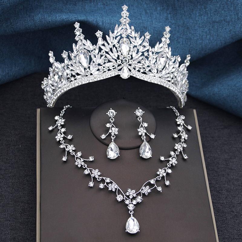 3Pcs Princess Crown Bridal Jewelry Sets for Women Tiaras and Flower Choker Necklace Earrings Wedding Dress Bride Jewelry Set