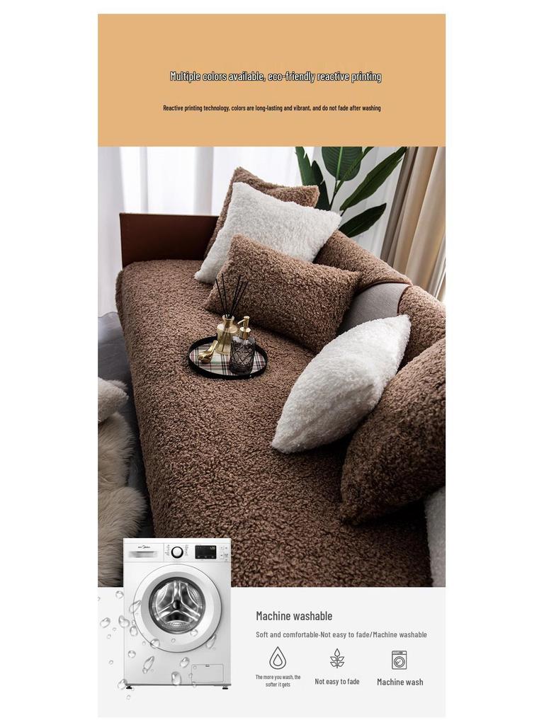 American Light Luxury Non-Slip Teddy Fleece Sofa Cushion | Thick Plush Universal Cover for Leather Sofas