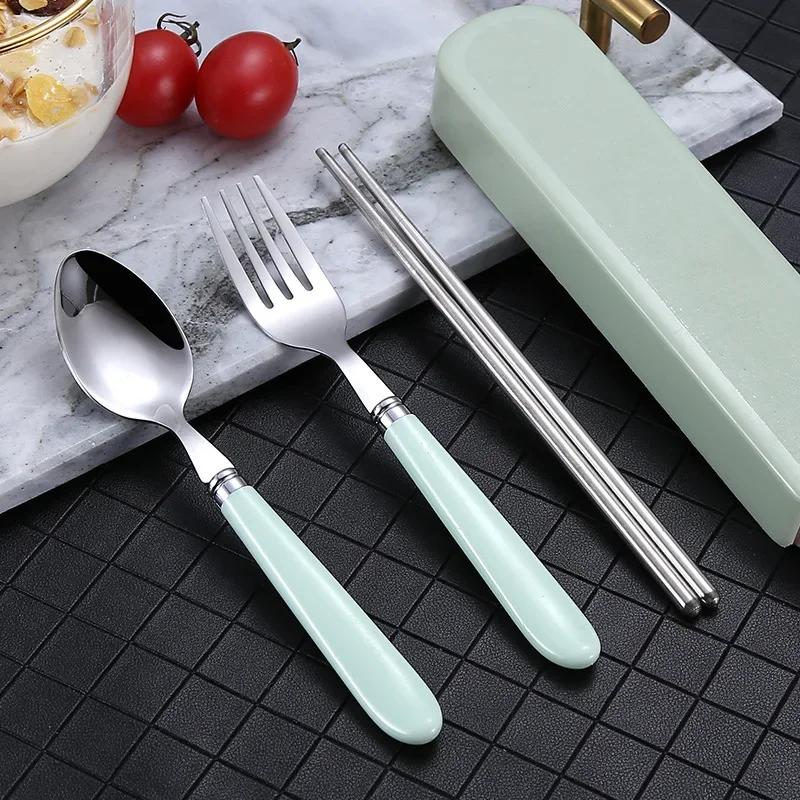 4pcs/set Stainless Steel Portable Fork Spoon Chopsticks Tableware with Storage Box Student Office Worker Cutlery Dinnerware Set
