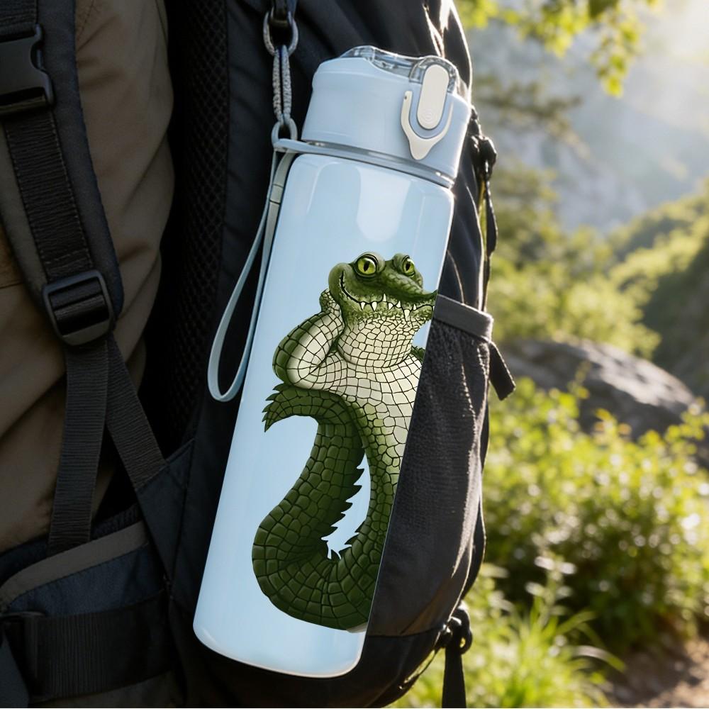 1PC Green Crocodile Reptile Pattern 750ml Color Plastic Sports Water Bottle Leakproof Flip Straw Lid Suitable for Sports Office Home Use