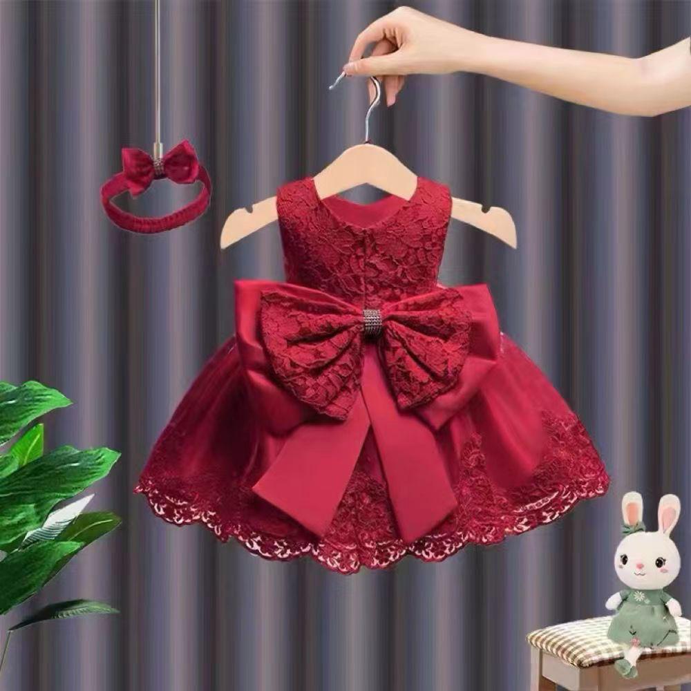 Children's Lace Color Block Birthday Bow Dress