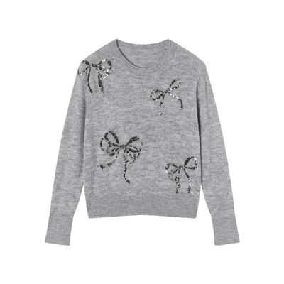 Women's Bowknot Sequin Drop Shoulder Knit Sweater