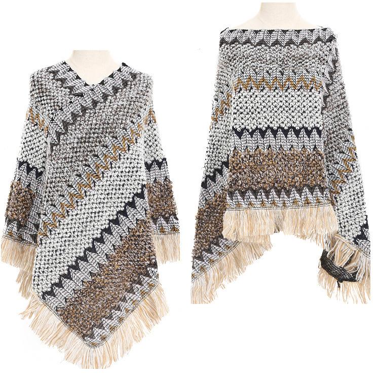 Dámský pulovr s cikcakovým úpletem a třásněmi, šál, podzimní hippie měkký háčkovaný šál, asymetrická šála