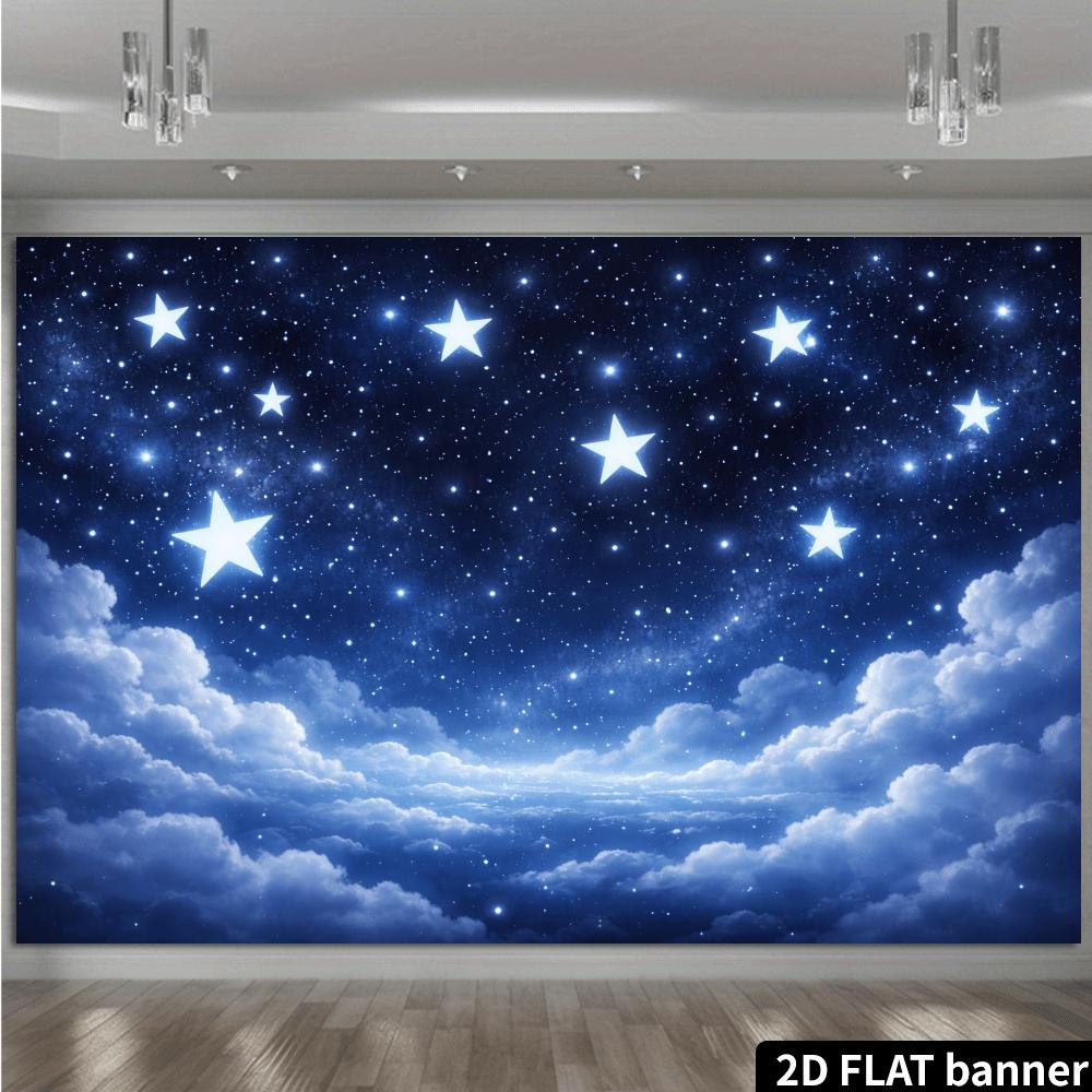 2D Plane Dreamy Cloud Sea Starry Sky Background Fabric with a Large Pentagram Pattern Starry Cloud Sea Scene Polyester Fiber