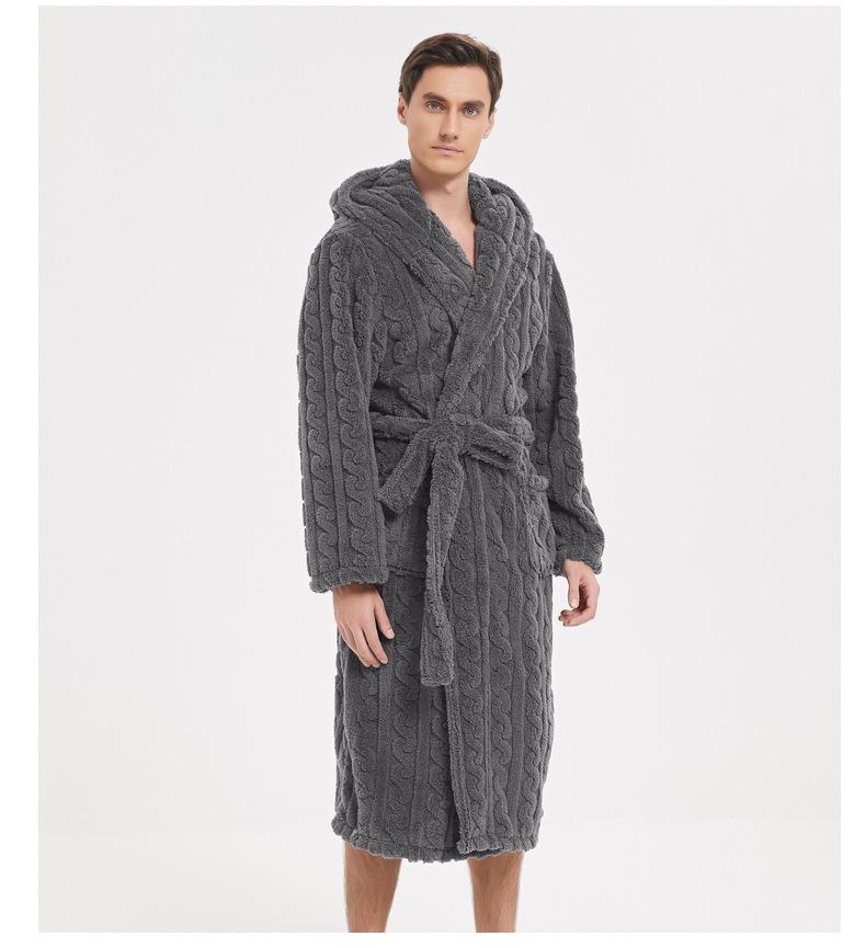 Large Cotton Velvet Jacquard Hooded Men's Nightgown - European & American Style, Thickened for Autumn/Winter, Unisex.
