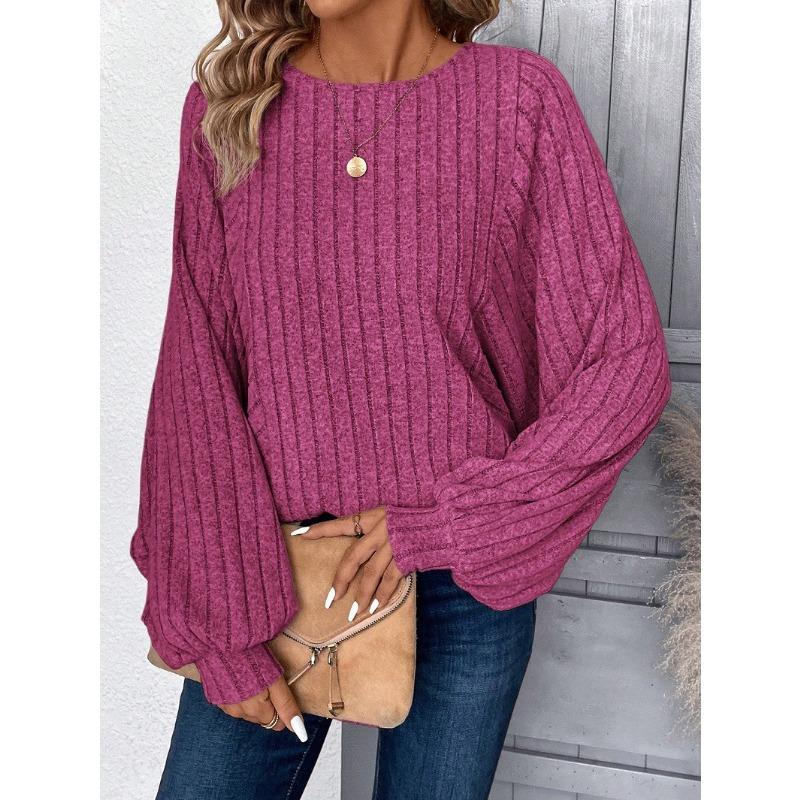 Herbst und Winter Damen Bluse Langarm Loose Rundhals Pit-Stripe Milled Tops