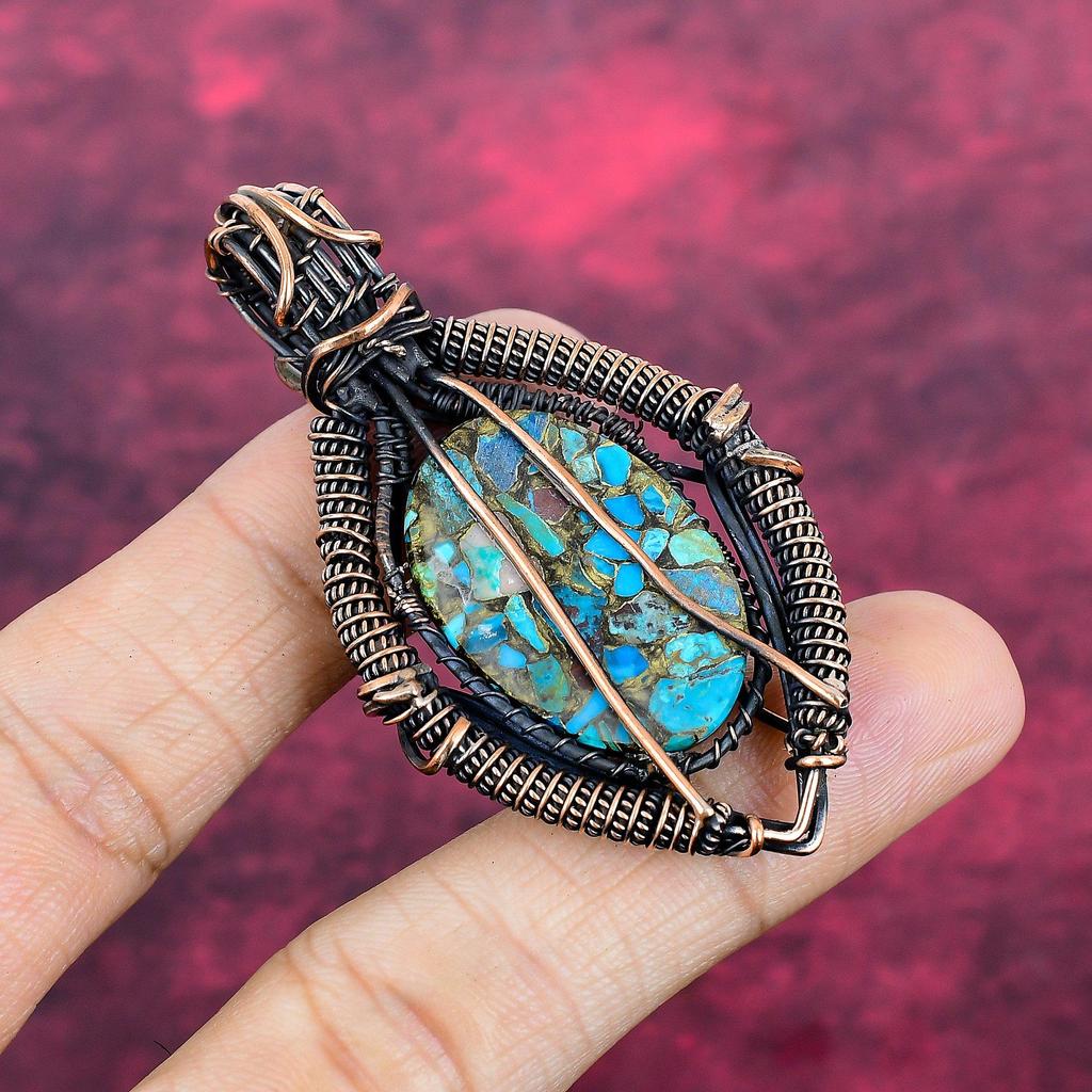 Copper Chrysocolla Pendant Copper Wire Wrapped Moonstone Jewelry Gemstone Pendant