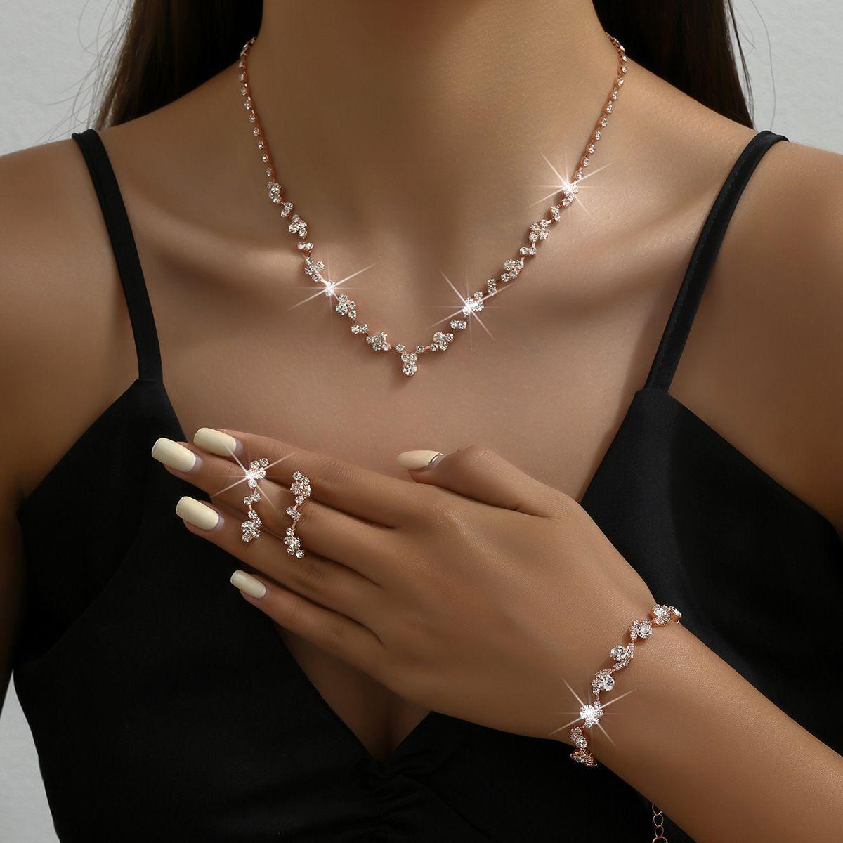 Classic Sparkling Rhinestone Necklace, Earrings, Bracelet, Three Piece Set Suitable for Sweet Afternoon Tea Date Outfit