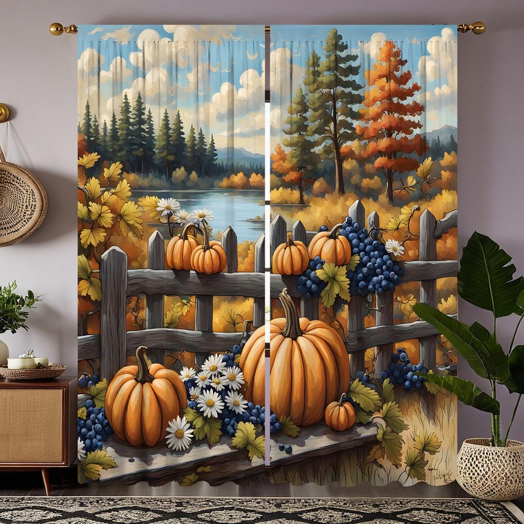 2pcs HD outdoor autumn river edge pumpkin fruit decorative curtain Yellow tie digital printed curtain home decoration style d