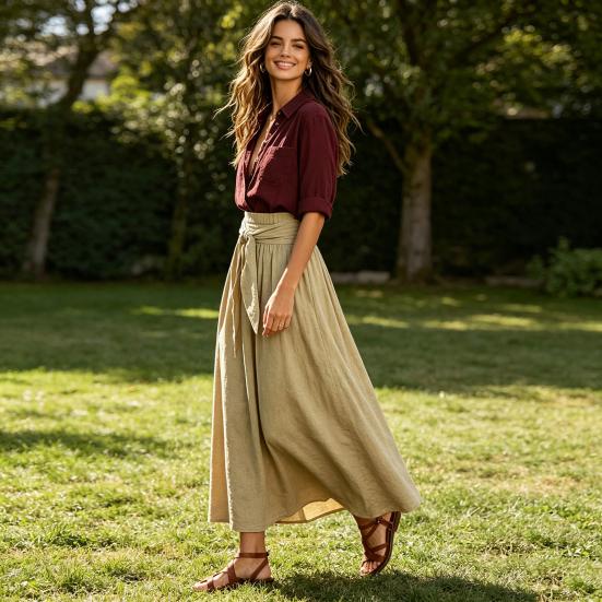 Damen 2-teiliges Maxiröck-Set Langarm-Hemd mit Knöpfen und Rock mit hoher Taille Passende Outfits Sommerurlaub Lounge-Sets