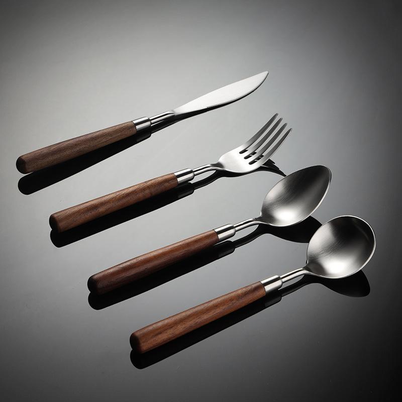 304 stainless steel walnut handle knife, fork, spoon, western tableware, lathe hardware, matte hand-thrown round spoon gift