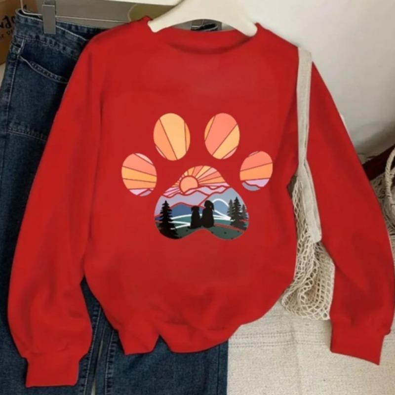 Kids Crewneck Sweatshirt, Sunset Mountain Tree Dog Paw Print, Spring Autumn Casual Sport Tops