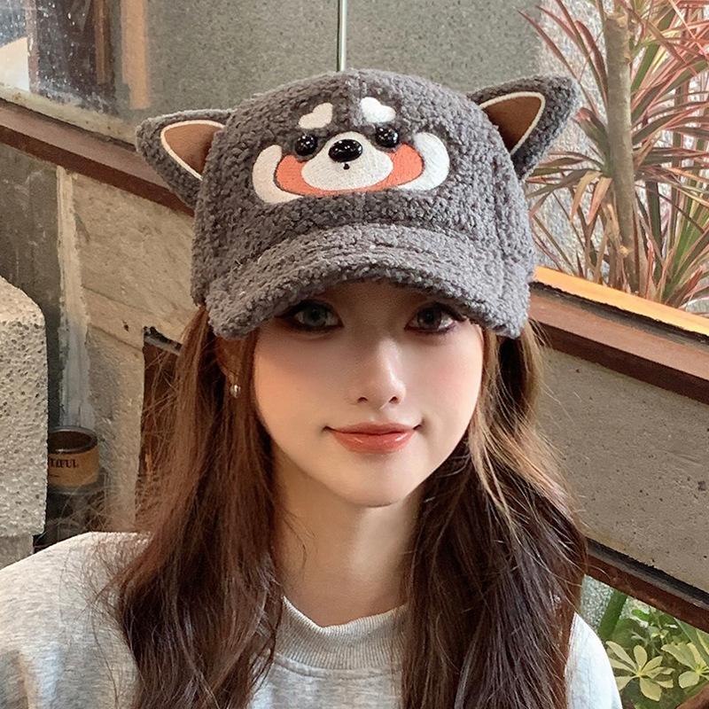 Cute Koala Ears Peaked Cap Lamb Plush Hat Women's Autumn and Winter Warm Face Small Baseball Cap Tide