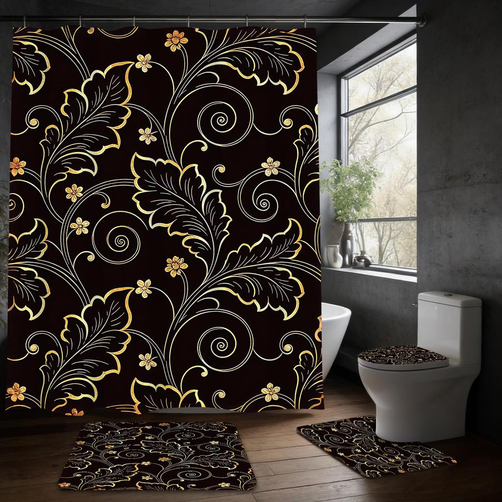 4-teiliges Duschvorhang-Set mit rutschfester Badematte, Toilettendeckelbezug, Kontur-Teppich & 12 Haken, Badezimmer