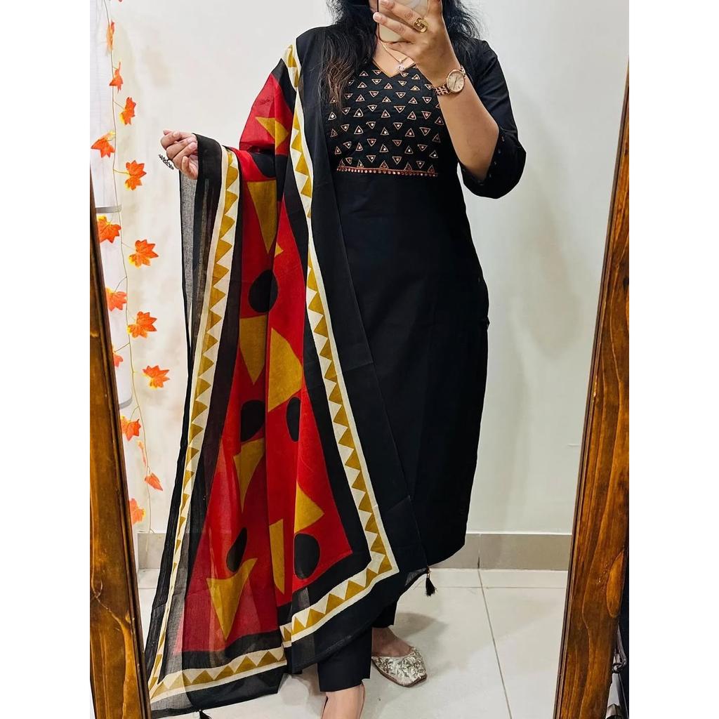 Black Heavy Cotton Ethnic Salwar Kameez Women Designer Kurta Pant Dupatta Set
