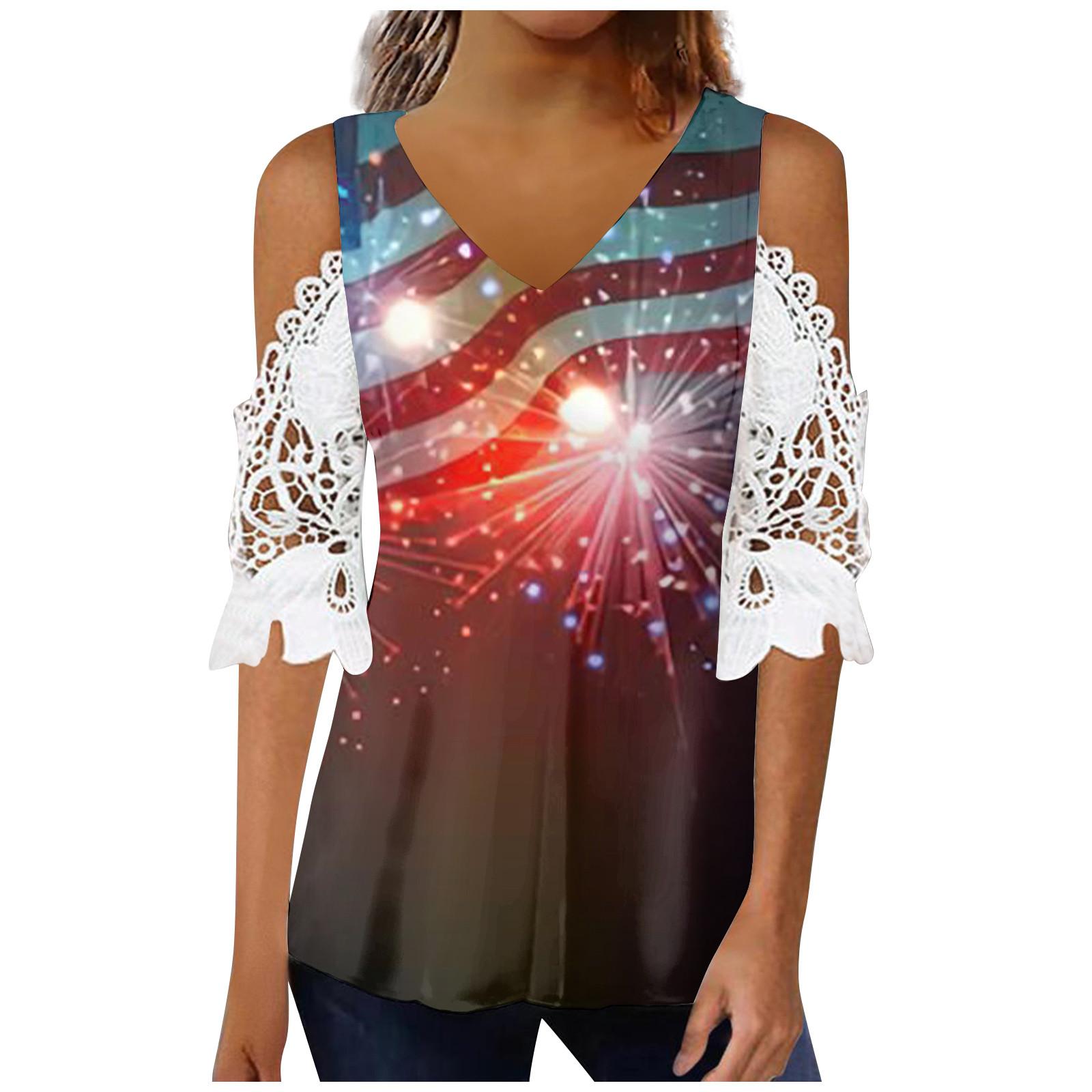 

(SU)Женский кружевной топ, повседневная футболка с v-образным вырезом и принтом ко Дню независимости, свободная футболка с короткими рукавами и кружевной вставкой, топ