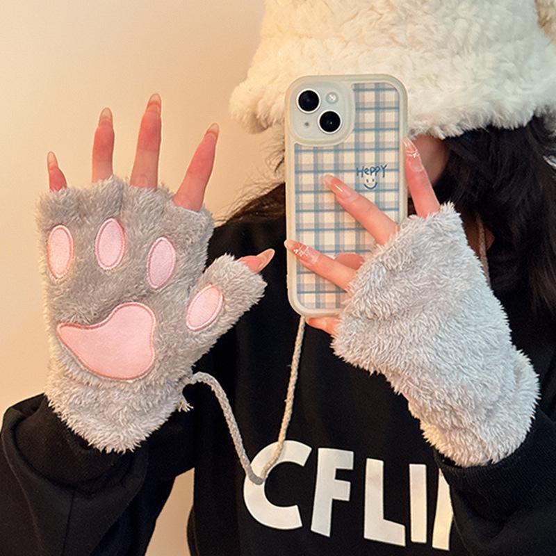 Guantes de Invierno Lindos de Dibujos Animados para Niña, con Felpa, Cortavientos, Cálidos, con Colgante para el Cuello de Oso/Huella de Gato
